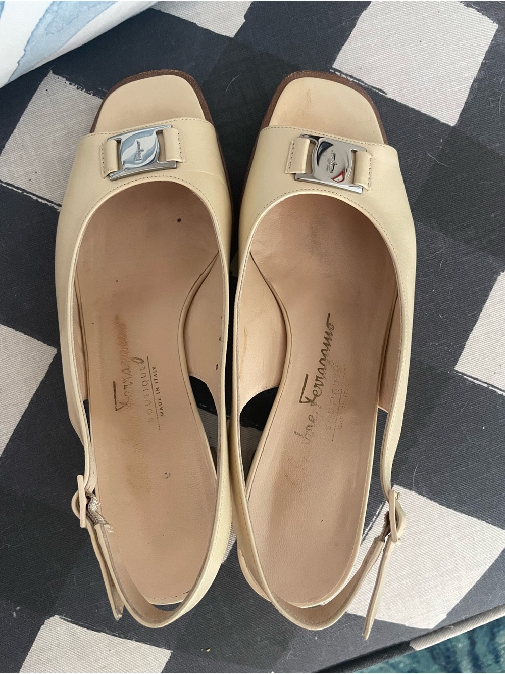 Salvatore Ferragamo Cream Leather Slingback block heel